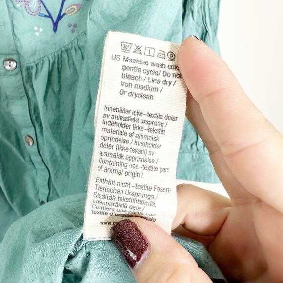 Grundun Sjoden Womens Blouse Tunic Flower Embroidered Button-Up V-Neck Green L - Picture 8 of 8